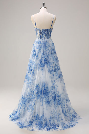 Bianco Blu Fiore Spaghetti Straps increspato Corsetto Abito lungo da cerimonia con fessura